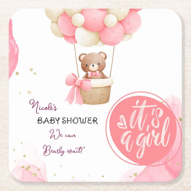 Baby Bear Pink Gold Hot Air Balloon Baby Shower Square Paper Coaster (Front)