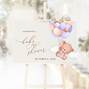 Baby Bear, Purple Balloons, Baby Shower Welcome Sign