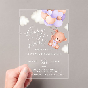 Baby Bear, Purple Balloons, First Birthday Acrylic Invitations