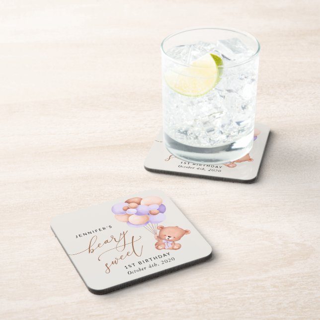 Baby Bear, Purple Balloons, First Birthday Beverage Coaster (Right Side)