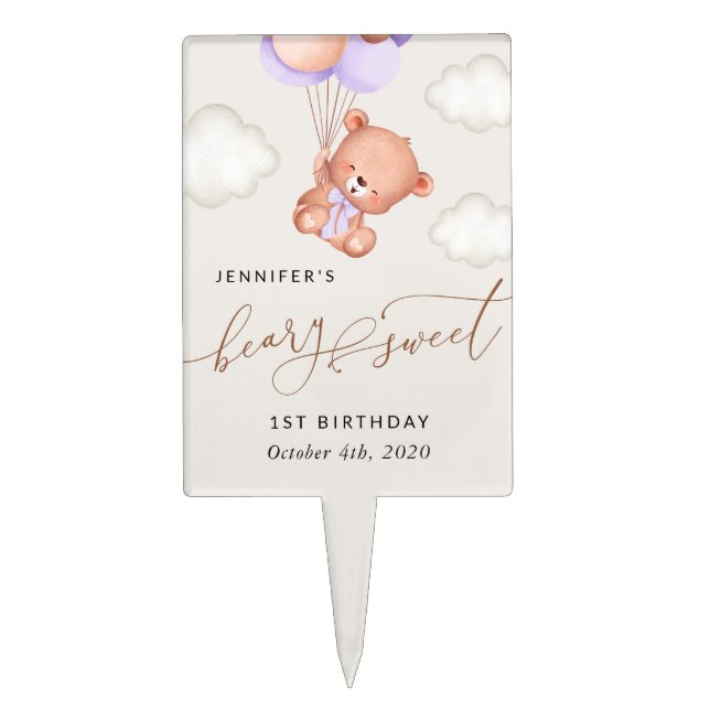 Baby Bear, Purple Balloons, First Birthday Cake Topper (Front)