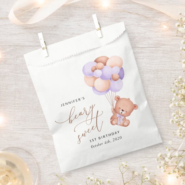 Baby Bear, Purple Balloons, First Birthday Favor Bag (Clipped)