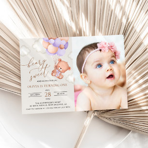 Baby Bear, Purple Balloons, First Birthday Invitation
