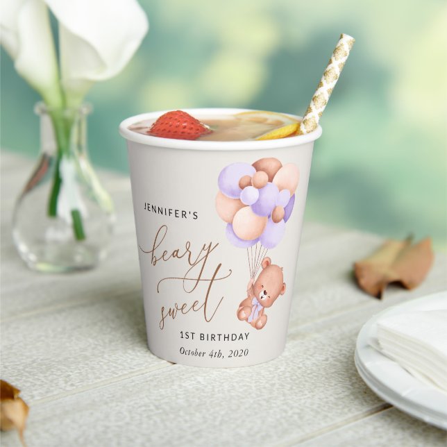 Baby Bear, Purple Balloons, First Birthday Paper Cups (Insitu)