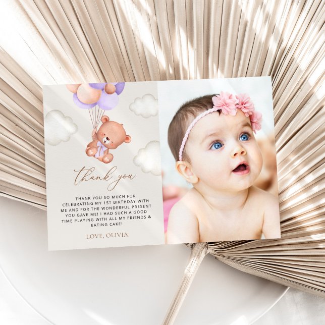 Baby Bear, Purple Balloons, First Birthday Thank You Card (Creator Uploaded)