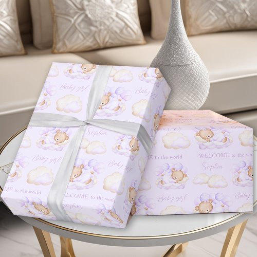 Baby Bear Purple Lavender Newborn Baby Girl Name Wrapping Paper