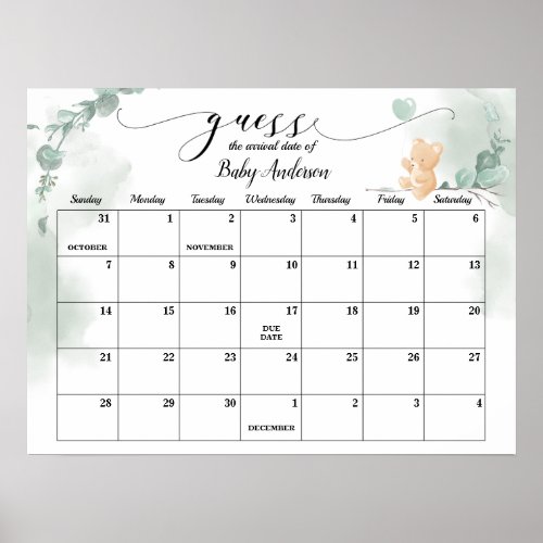 Baby Bear Shower Guess Due Date Calendar Poster