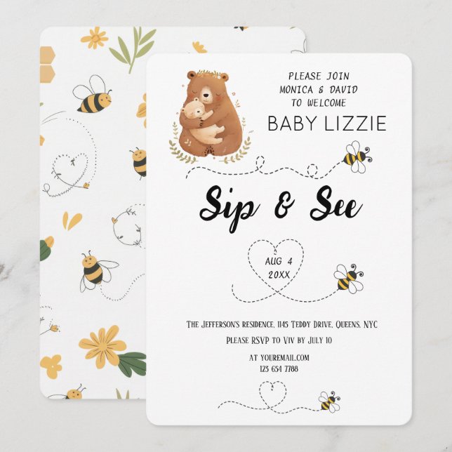 Baby Bear Sip & See Personalized Invitation (Front/Back)