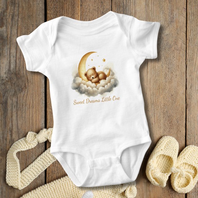 Baby Bear Sleeping in Moon Cloud Baby Shower Gift Bodysuit (Sleeping Baby Bear on Cloud and Crescent moon. Gold White. Baby Shower Gift, Gift for new baby)