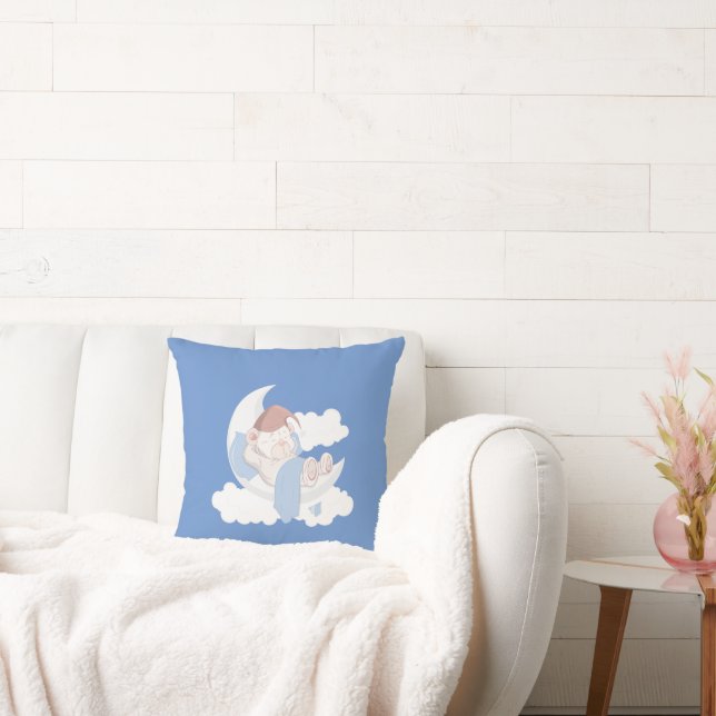 Baby Bear Sleeping On A Moon Throw Pillow (Couch)