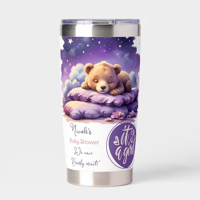Baby Bear Sleeping Purple Galaxy Girl Baby Shower Insulated Tumbler (Front)