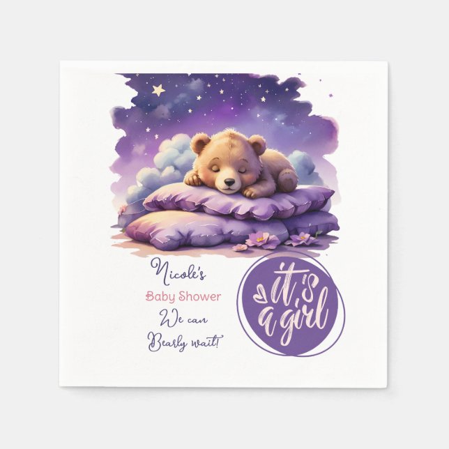 Baby Bear Sleeping Purple Galaxy Girl Baby Shower Napkins (Front)