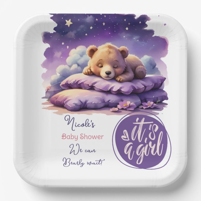 Baby Bear Sleeping Purple Galaxy Girl Baby Shower Paper Plates (Front)