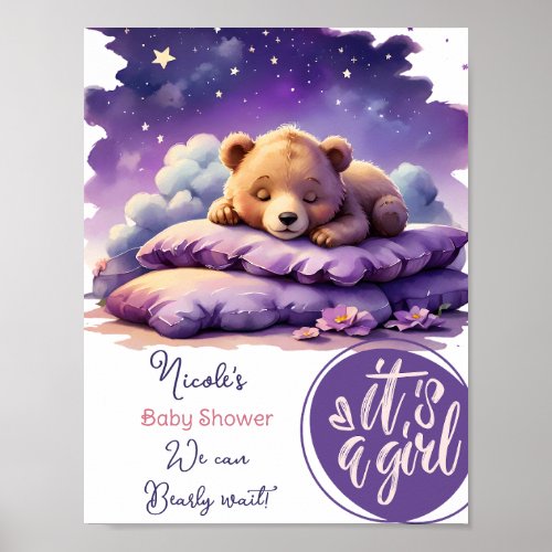 Baby Bear Sleeping Purple Galaxy Girl Baby Shower Poster