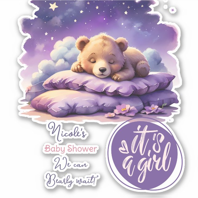 Baby Bear Sleeping Purple Galaxy Girl Baby Shower Sticker (Front)