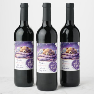Baby Bear Sleeping Purple Galaxy Girl Baby Shower Wine Label