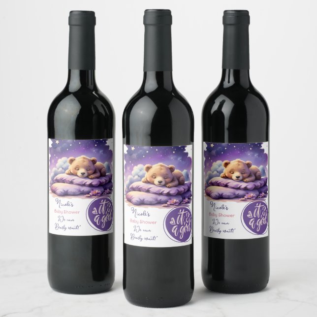 Baby Bear Sleeping Purple Galaxy Girl Baby Shower Wine Label (Bottles)