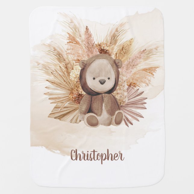 Baby bear sweatshirt tropical palm pampas grass blanket (Front)
