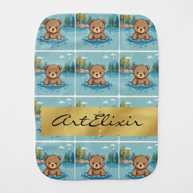 Baby Bear Swimming in a Pond Print  Baby Burp Cloth (Front)