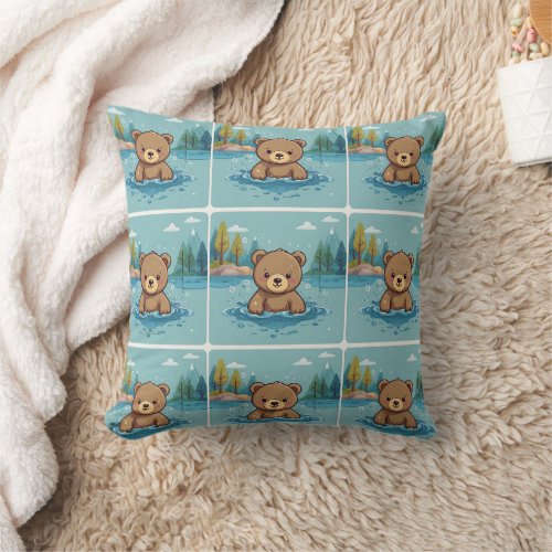 Baby Bear Swimming in a Pond Print Throw Pillow