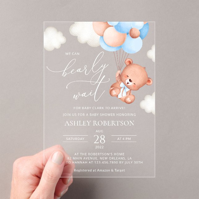 Baby Bear, Teddy Bear, Blue Balloons, Baby Shower Acrylic Invitations (Insitu (Handheld))