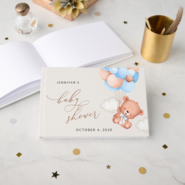 Baby Bear, Teddy Bear, Blue Balloons, Baby Shower Guest Book (Front Open)