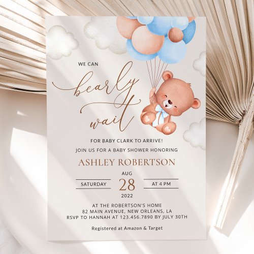 Baby Bear Teddy Bear Blue Balloons Baby Shower Invitation