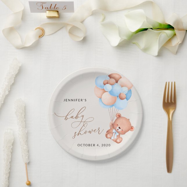 Baby Bear, Teddy Bear, Blue Balloons, Baby Shower Paper Plates (Wedding)