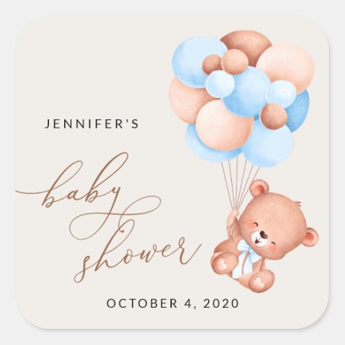 Baby Bear Teddy Bear Blue Balloons Baby Shower Square Sticker