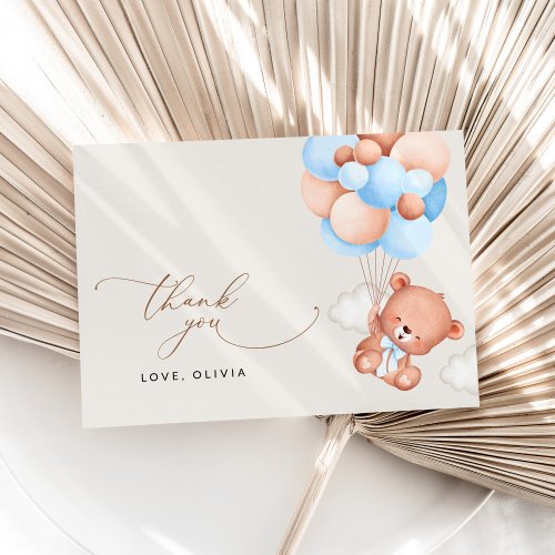 Baby Bear Teddy Bear Blue Balloons Baby Shower Thank You Card