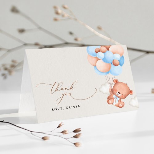 Baby Bear Teddy Bear Blue Balloons Baby Shower Thank You Card