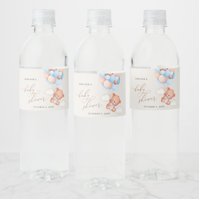 Baby Bear, Teddy Bear, Blue Balloons, Baby Shower Water Bottle Label (Bottles)