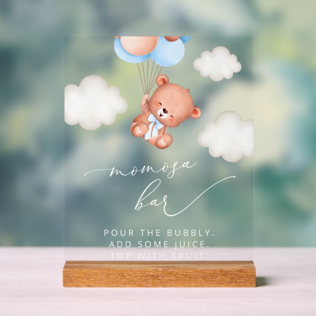 Baby Bear, Teddy Bear, Blue Balloons, Momosa Bar Acrylic Sign (Neutral)