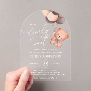 Baby Bear, Teddy Bear, Brown Balloons, Baby Shower Acrylic Invitations