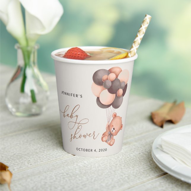 Baby Bear, Teddy Bear, Brown Balloons, Baby Shower Paper Cups (Insitu)