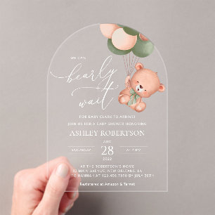 Baby Bear, Teddy Bear, Green Balloons, Baby Shower Acrylic Invitations