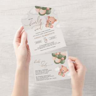 Baby Bear, Teddy Bear, Green Balloons, Baby Shower All In One Invitation