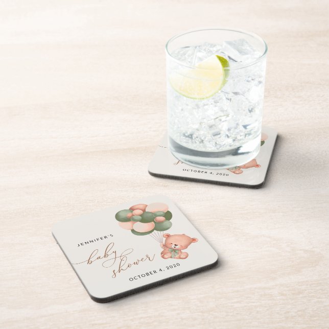 Baby Bear, Teddy Bear, Green Balloons, Baby Shower Beverage Coaster (Right Side)