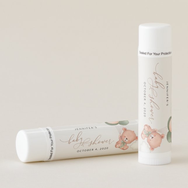 Baby Bear, Teddy Bear, Green Balloons, Baby Shower Lip Balm (Front)