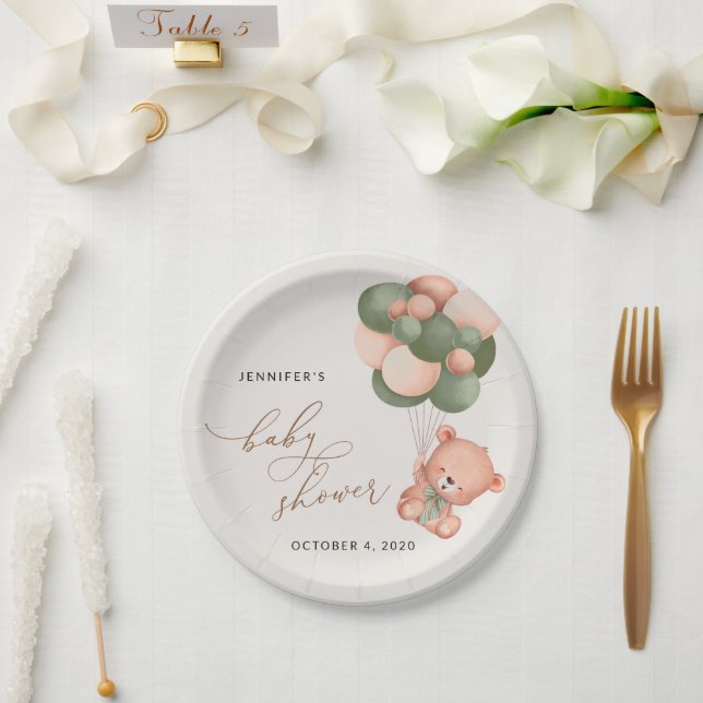Baby Bear, Teddy Bear, Green Balloons, Baby Shower Paper Plates (Wedding)