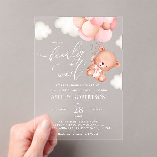 Baby Bear, Teddy Bear, Pink Balloons, Baby Shower Acrylic Invitations