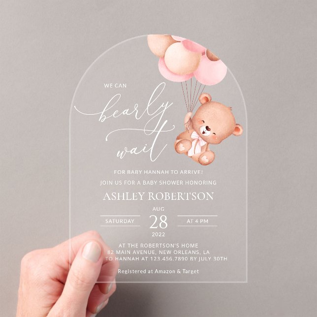 Baby Bear, Teddy Bear, Pink Balloons, Baby Shower Acrylic Invitations (Insitu (Handheld))