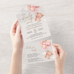 Baby Bear, Teddy Bear, Pink Balloons, Baby Shower All In One Invitation