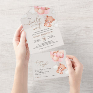 Baby Bear, Teddy Bear, Pink Balloons, Baby Shower All In One Invitation