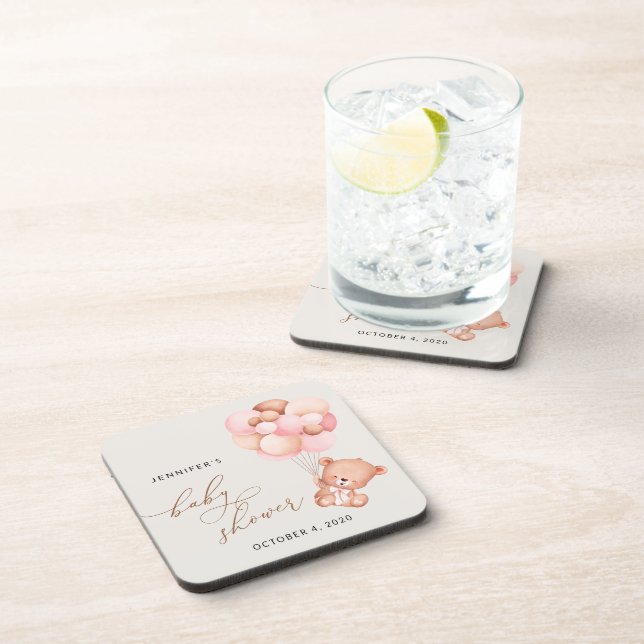 Baby Bear, Teddy Bear, Pink Balloons, Baby Shower Beverage Coaster (Right Side)
