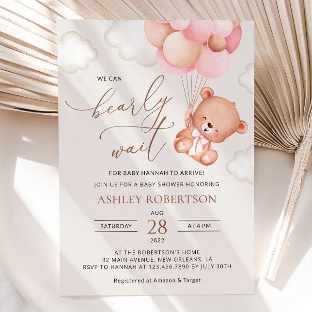 Baby Bear, Teddy Bear, Pink Balloons, Baby Shower Invitation (Creator Uploaded)