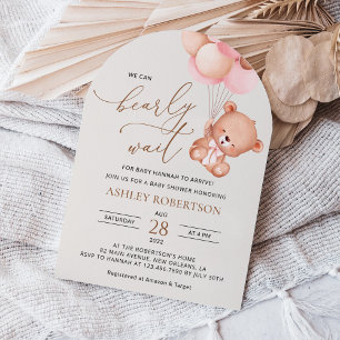 Baby Bear, Teddy Bear, Pink Balloons, Baby Shower Invitation