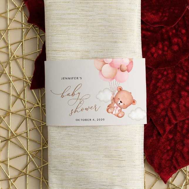 Baby Bear, Teddy Bear, Pink Balloons, Baby Shower Napkin Bands (Creator Uploaded)