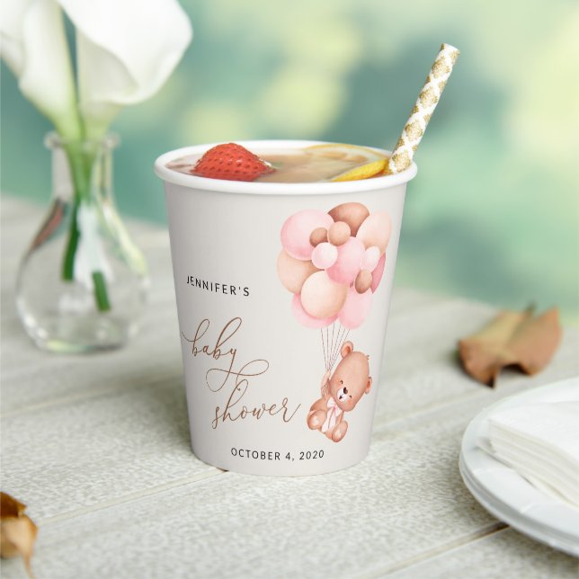 Baby Bear, Teddy Bear, Pink Balloons, Baby Shower Paper Cups (Insitu)