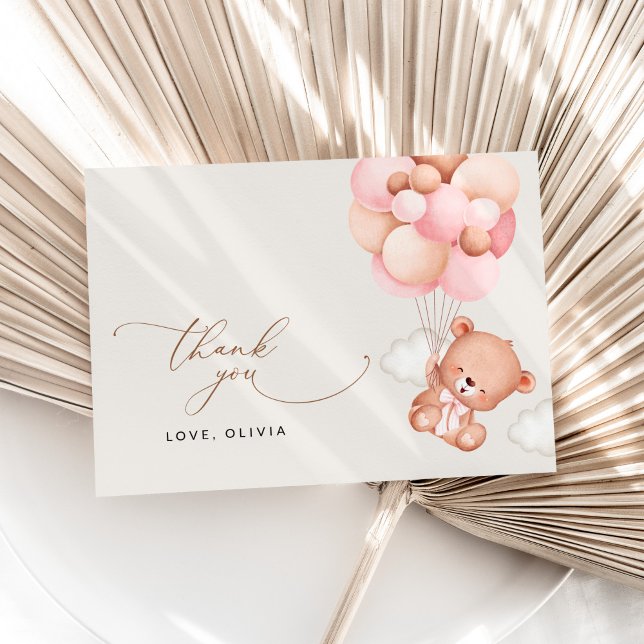 Baby Bear, Teddy Bear, Pink Balloons, Baby Shower Thank You Card (Creator Uploaded)